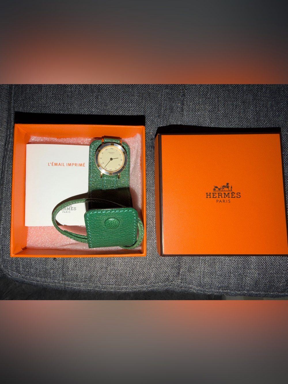 Hermes Green Leather Strap Gold-Tone Dial Watch
